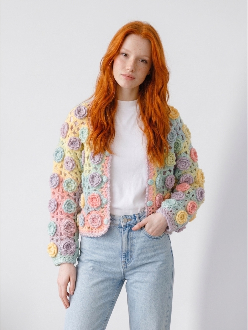 HMXD Crochet Floral Cardigan 3D Flowers Pastel Grannycore Boho NWT